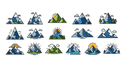 Collection of stylized mountain range illustrations in a flat, cartoon vector style, featuring diverse peaks, snowy summits, green slopes, and clear blue skies with sun and clouds, perfect for