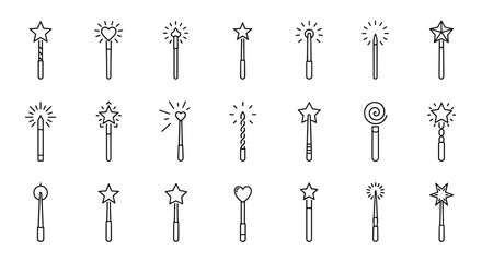 Collection of simple linear magic wand outline icons, featuring stars, hearts, and swirls, with editable strokes, perfect for web, books, cards, and apps, presented as a cartoon vector illustration