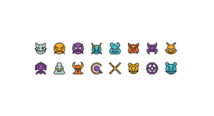 Collection of 16 diverse, colorful, and stylized cartoon monster and creature icons, presented as a clean, ordered line icon set on a white background, perfect for digital design and branding