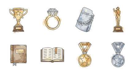 Collection of watercolor-style icons representing awards and achievements, including a golden trophy, a diamond ring, a laurel wreath, a statue award, a closed book, an open book, a gold medal, and a