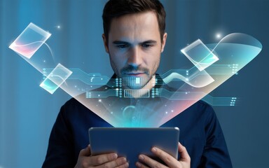 Man using digital tablet with futuristic holographic interface technology