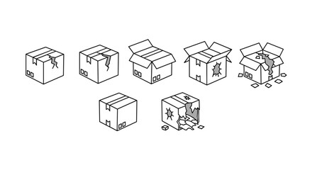 Set of minimalistic thin line icons representing damaged and broken cardboard boxes in various states of disrepair, suitable for web, graphic design, apps, banners, social networks, and cards. This