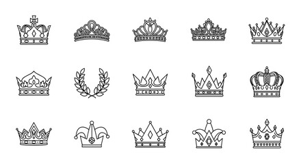 Collection of fifteen diverse crown and royal emblem line icons, including regal crowns, tiaras, and a laurel wreath, presented as clean outline vector graphics perfect for graphic design, web