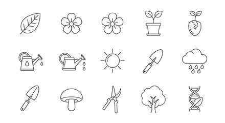 Botany Line Icon Set: A collection of editable stroke vector illustrations featuring gardening tools, plants, weather elements, and scientific symbols like DNA, perfect for nature and science-themed