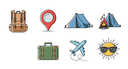 Collection of travel and vacation-related icons including a backpack, map pin, camping tent with campfire, suitcase, airplane, and a sun wearing sunglasses, perfect for infographics, articles, books