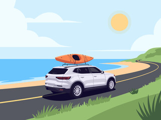 A modern SUV parked by a scenic coastal road, featuring a kayak on its roof, representing adventure, exploration, and the thrill of outdoor activities amidst nature's beauty.