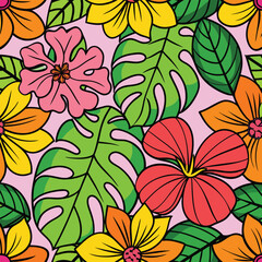 Vibrant tropical floral pattern featuring brightly colored hibiscus flowers and lush green monstera leaves on a soft pink background seamless repeating design