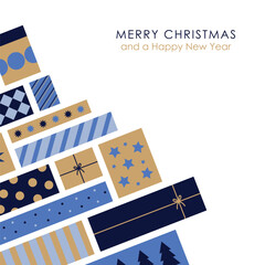merry christmas card with set of gift boxes with geometric prints, isolated vector illustration in gold and blue, modern design elements for greeting cards, invitation, poster, prints, banner