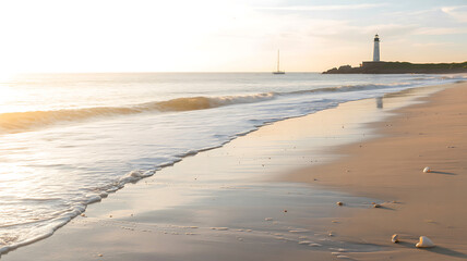 Lighthouse on rocky shore with sailboat and gentle ocean waves at sunrise beach