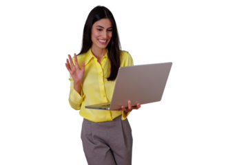 Professional woman doing a video call, waving hello to a virtual meeting, communicating online with laptop, transparent background