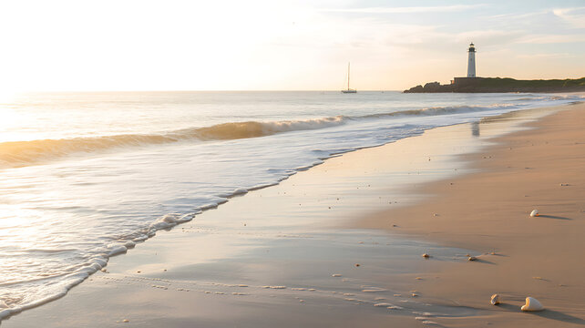 Lighthouse on rocky shore with sailboat and gentle ocean waves at sunrise beach