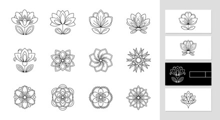 Luxury Flower Logo Design Set: A Collection of Elegant, Minimalist Floral Icons and Line Art for Branding and Business Cards, Vector Cartoon Illustration on White Background, Perfect for Organic and