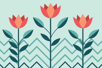 Three stylized coral tulips with long green stems and leaves stand tall against a pale mint green background with a repeating chevron pattern in shades of teal and light blue