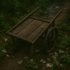 Fototapeta premium Abandoned wooden handcart on muddy rural path surrounded by wild grass and scattered litter, rustic old wheelbarrow concept, vintage transport cart symbolizing poverty decay and forgotten countryside 