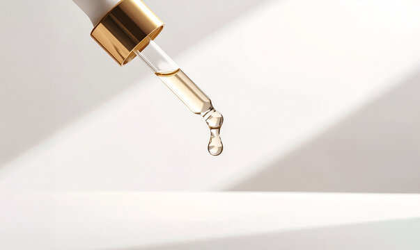 ゴールドキャップのスポイトから美容液が滴る高級感のあるミニマルイメージ／Minimalist Luxury Dropper with Golden Cap Releasing Serum Droplet for Skincare and Cosmetic Advertisement