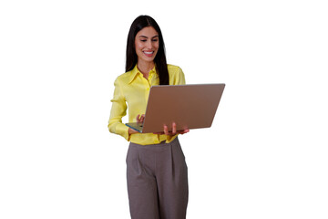 Businesswoman standing, smiling and working with portable computer, reviewing online data and corporate information