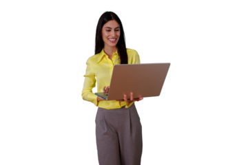 Businesswoman standing, smiling and working with portable computer, reviewing online data and corporate information