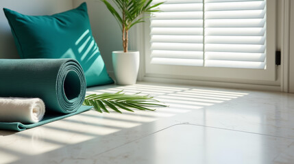 Modern wellness flat lay with yoga mat, towel, and palm leaf on white surface, natural daylight and calm mood