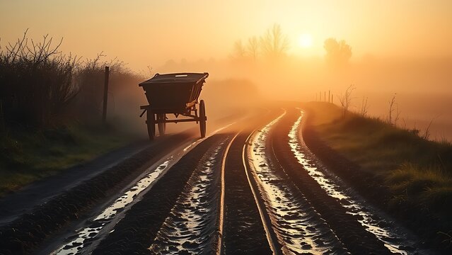 oxcart. Deep muddy ruts on a country path with an ancient oxcart moving through mist. mobility guides, transit brochures, designed for mobility and urban transit guides, used by professors.