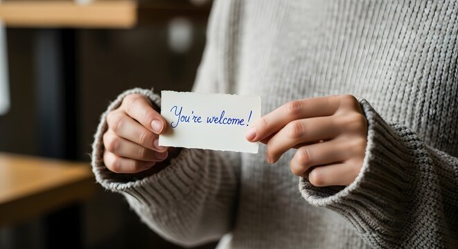 Person Holding You're Welcome Card in Hand Wearing Sweater