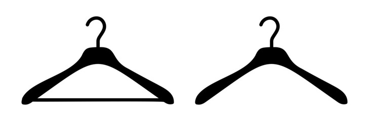 Hanger wardrobe icon. Cloakroom black silhouette pictogram collection. Dry cleaning pattern, clothing store sign. Clothes rack, service symbol set.