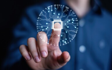 Abstract neural network circuit with a human finger touching it