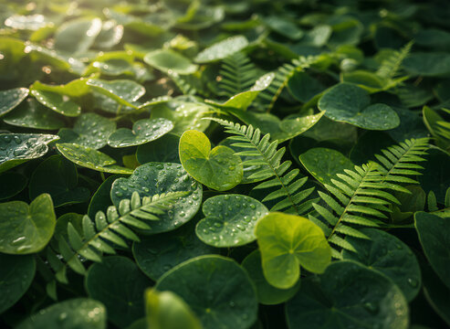 A lush, detailed close-up texture of diverse green foliage and ferns covered in tiny water droplets, illuminated by a warm sunbeam. Perfect natural background or wallpaper.