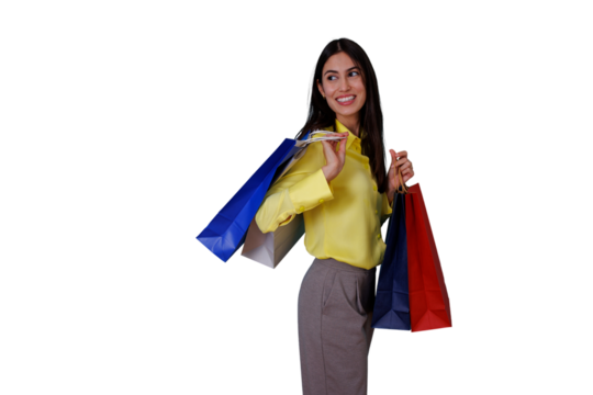 Happy woman enjoying shopping success carrying colorful bags, feeling excited about retail purchases, transparent background