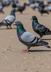 Obraz premium Pigeons in urban setting - A flock of birds on the ground.