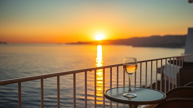 ouzo. Aegean Sea balcony at sunset with ouzo glass reflecting the golden hour light. inspiring travel planning, bar promotions, designed for food & beverage menus and cafe branding.