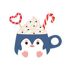 A hot drink with whipped cream, a lollipop, and a heart in a cute penguin-shaped mug. This festive winter illustration is perfect for Christmas and holiday designs.