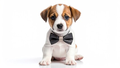 Cute puppy in a tuxedo with bowtie on white background