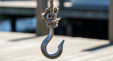 Obraz premium Close-up of a weathered metal hook suspended by a thick rope knot, dangling over a blurred wooden dock, symbolizing strength, anchorage, and connection