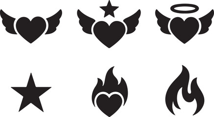  Set of heart icon with angel wings, star, fire silhouette vector illustration