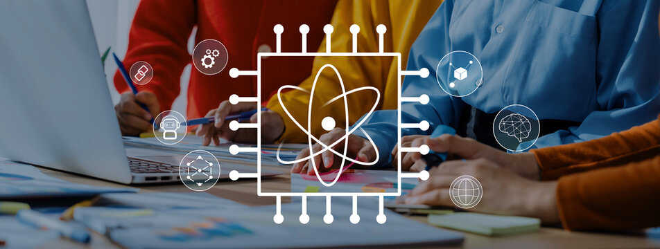 Diverse team engages in collaboration focused on microchip design and digital concepts, showcasing creativity and innovation in a modern workspace. Trope - Powered by Adobe