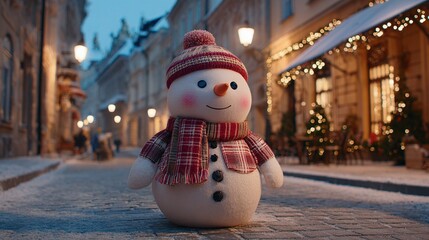 Obraz premium A charming snowman stands on a snowy street, adorned with a cozy hat and scarf. Festive lights twinkle in the background, creating a warm and inviting winter scene.