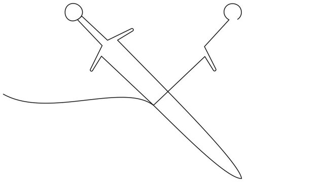 Animated self drawing of continuous line draw sword, metal sword, European swords, Asia sword, realistic sword isolated. European straight swords. Daggers and knife. Full length one line animation