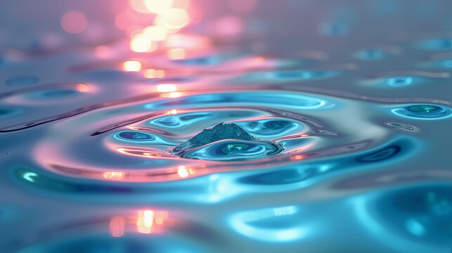 Macro photo of calm turquoise water ripples with lilac reflections, abstract natural minimalism