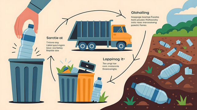 Plastic bottle recycling process from trash bin to landfill plastic bottles waste