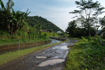 Rural Road With Puddles and Green Fields Along Valley Farm Path