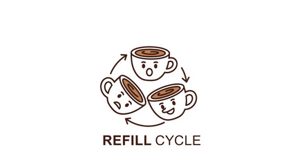 Conceptual illustration of refill cycle featuring emotive coffee cups, promoting reuse and
