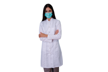Woman doctor or scientist standing with arms crossed, wearing a protective face mask and white lab coat, isolated on transparent background