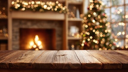 Cozy holiday scene featuring a rustic wooden table, with a warmly lit fireplace and a decorated tree in the background, creating a festive and inviting atmosphere.