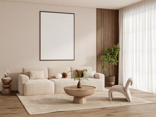 Modern Scandinavian Living Room with Dual Wall Frames – Beige Furniture, Wooden Floor, and Soft Natural Light