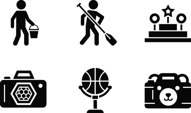  Worker icon, paddle sport symbol, award podium illustration, camera design, basketball graphic, playful bear camera, sports, competition, activity, photography, vector, silhouette, black icons