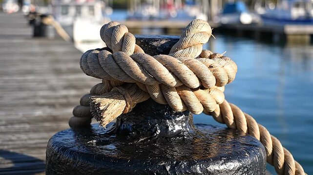 Wharf bollard crowned with rope crown knot, tidy symmetry against tar.