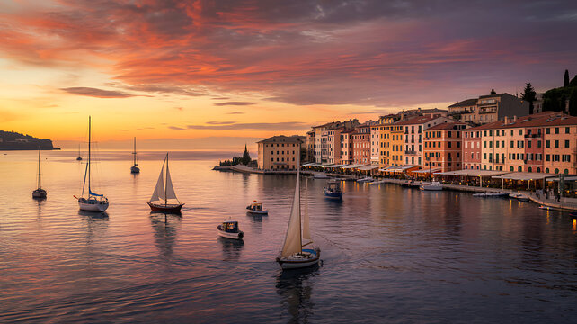 Sailboats on calm water near colorful buildings at sunset yacht - Powered by Adobe