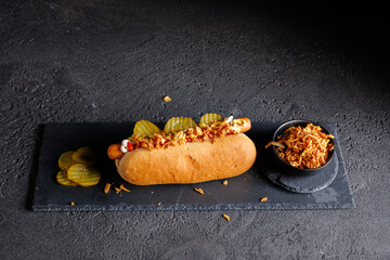 Street Food Delight Hotdog with Mustard, Mayo, and Ketchupon on Dark Background