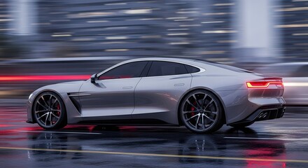 Sleek Silver Sedan on Wet City Street at Night