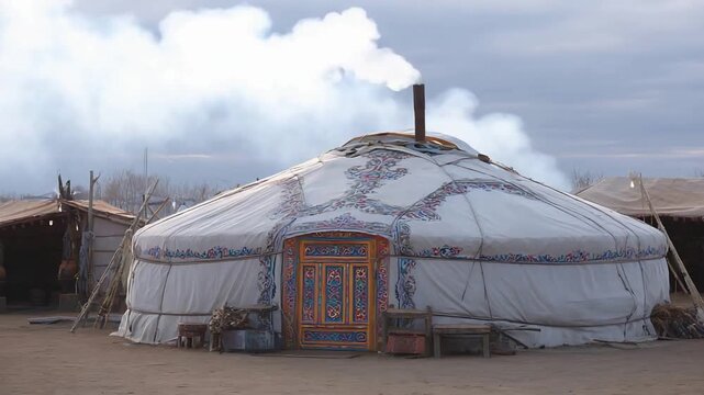 Authentic Central Asian Yurt Emitting Warm Smoke Against a Cloudy Sky.